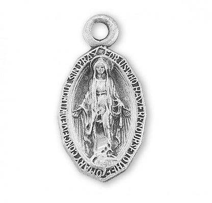 Miraculous Medal Sterling Silver Oval Fancy Edge Pendant — 18" Chain, Gift Box
