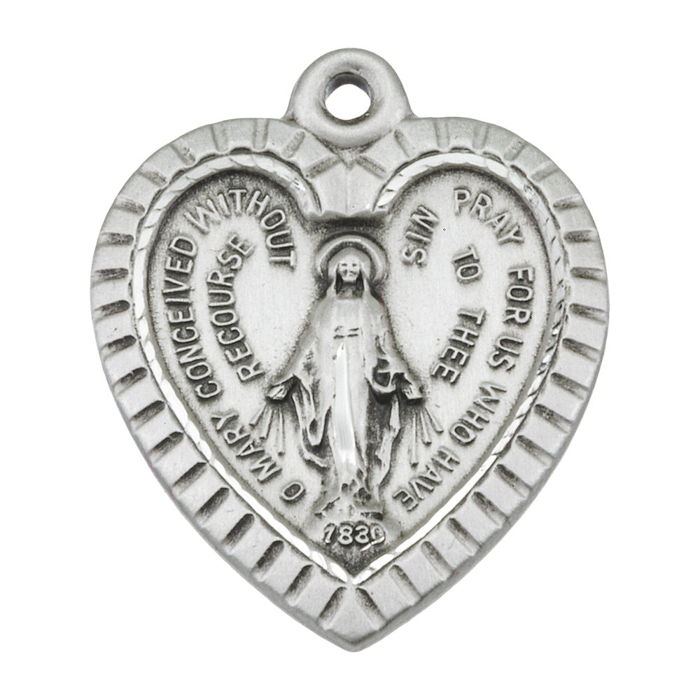 Miraculous Medal Sterling Silver Heart Pendant — 18" Chain, Box Included