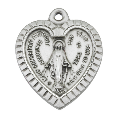 Miraculous Medal Sterling Silver Heart Pendant — 18" Chain, Box Included