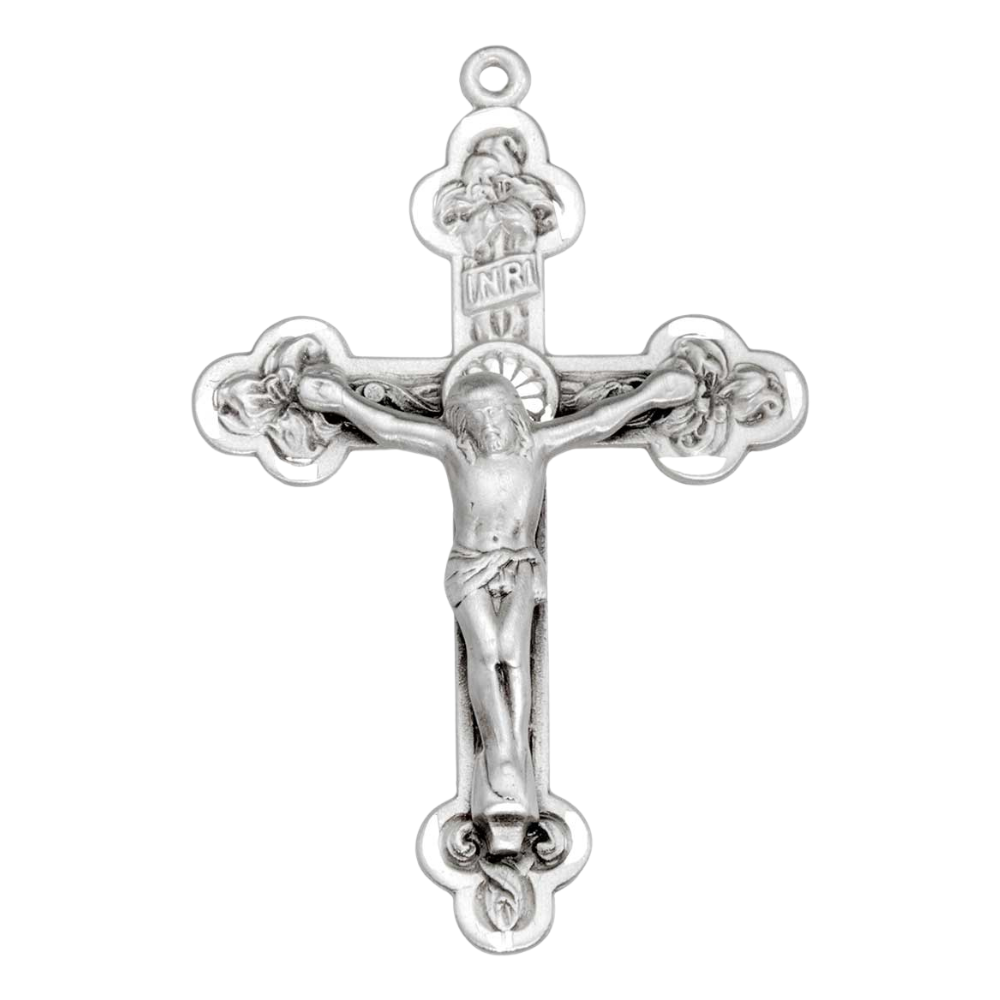 Reliefed Leaf Crucifix Sterling Silver Pendant — 24" Chain, Gift Box Included