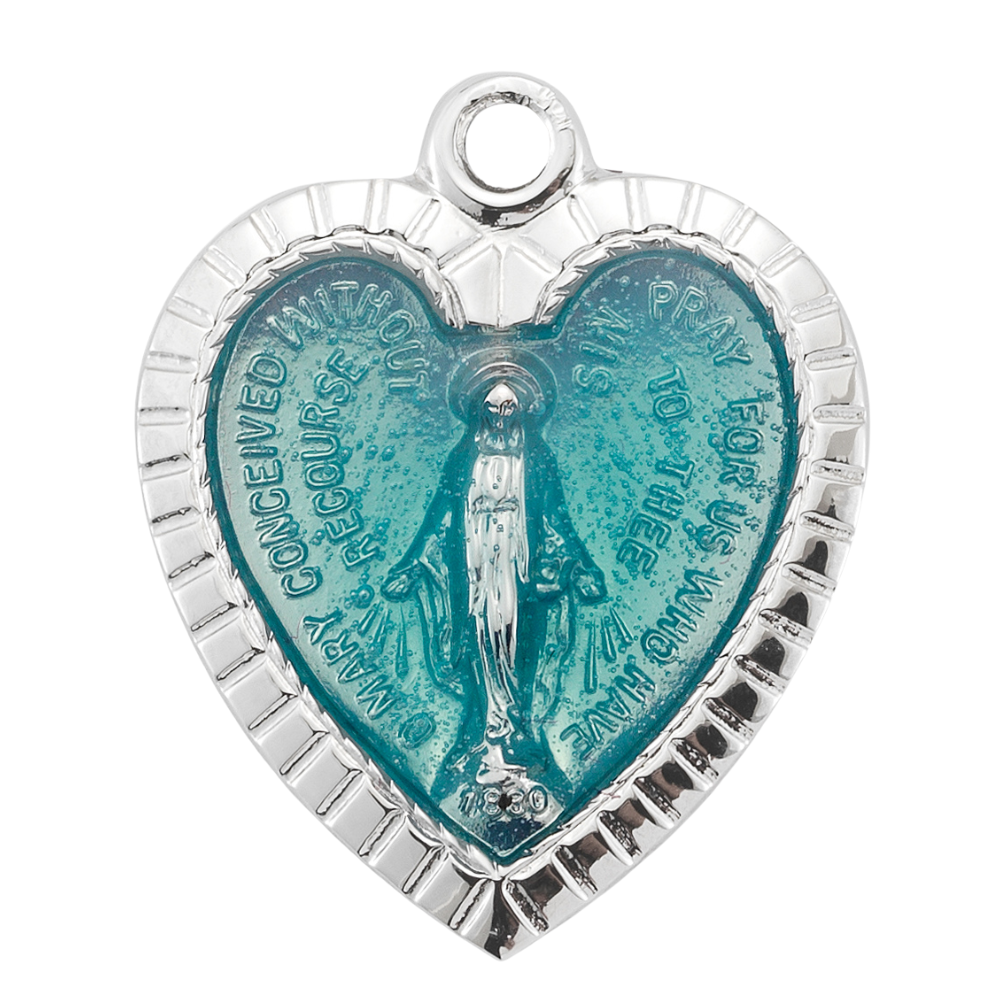 Miraculous Medal Sterling Silver Enameled Heart Pendant — 18" Chain, Gift Box