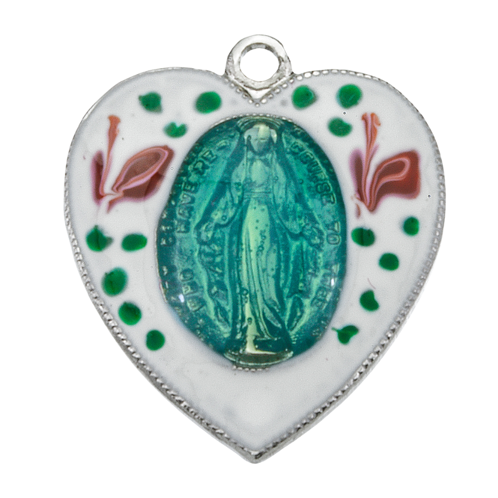 Miraculous Medal Enameled Sterling Silver Heart Necklace — 18" Chain, Made in USA