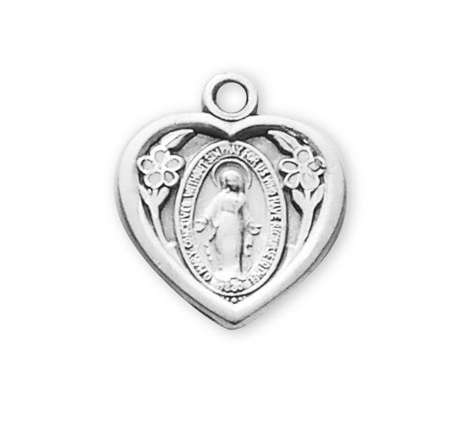 Miraculous Medal Sterling Silver Heart Pendant — 18" Chain, Gift Box Included