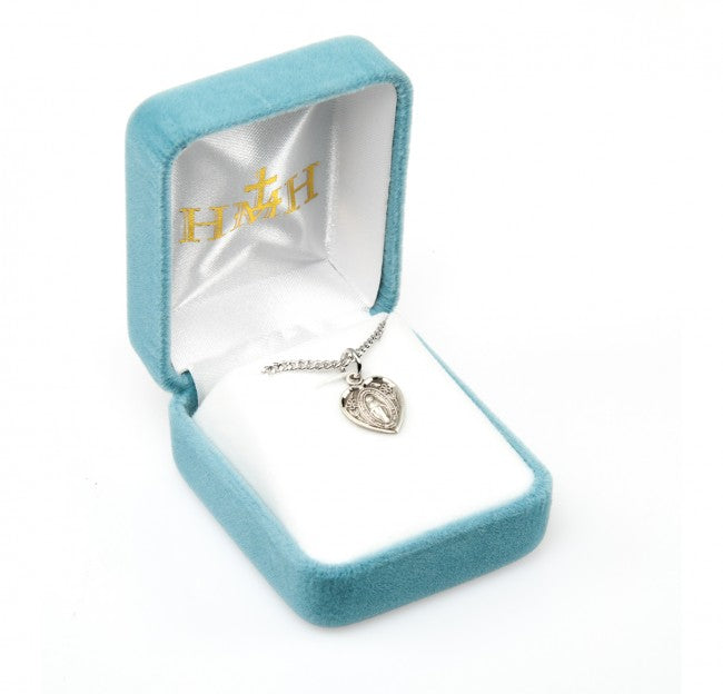 Miraculous Medal Sterling Silver Heart Pendant — 18" Chain, Gift Box Included