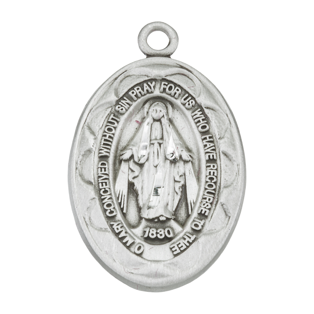 Miraculous Medal Sterling Silver Oval Pendant — 18" Chain, Made in USA, Gift Box