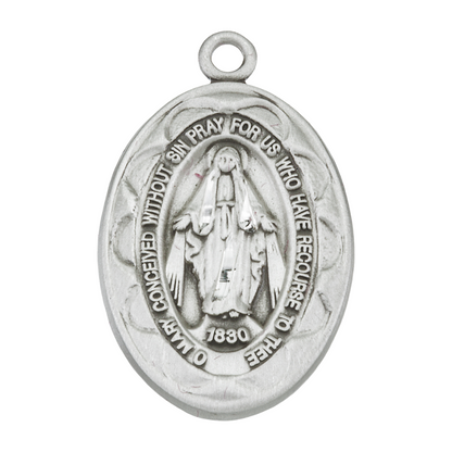 Miraculous Medal Sterling Silver Oval Pendant — 18" Chain, Made in USA, Gift Box