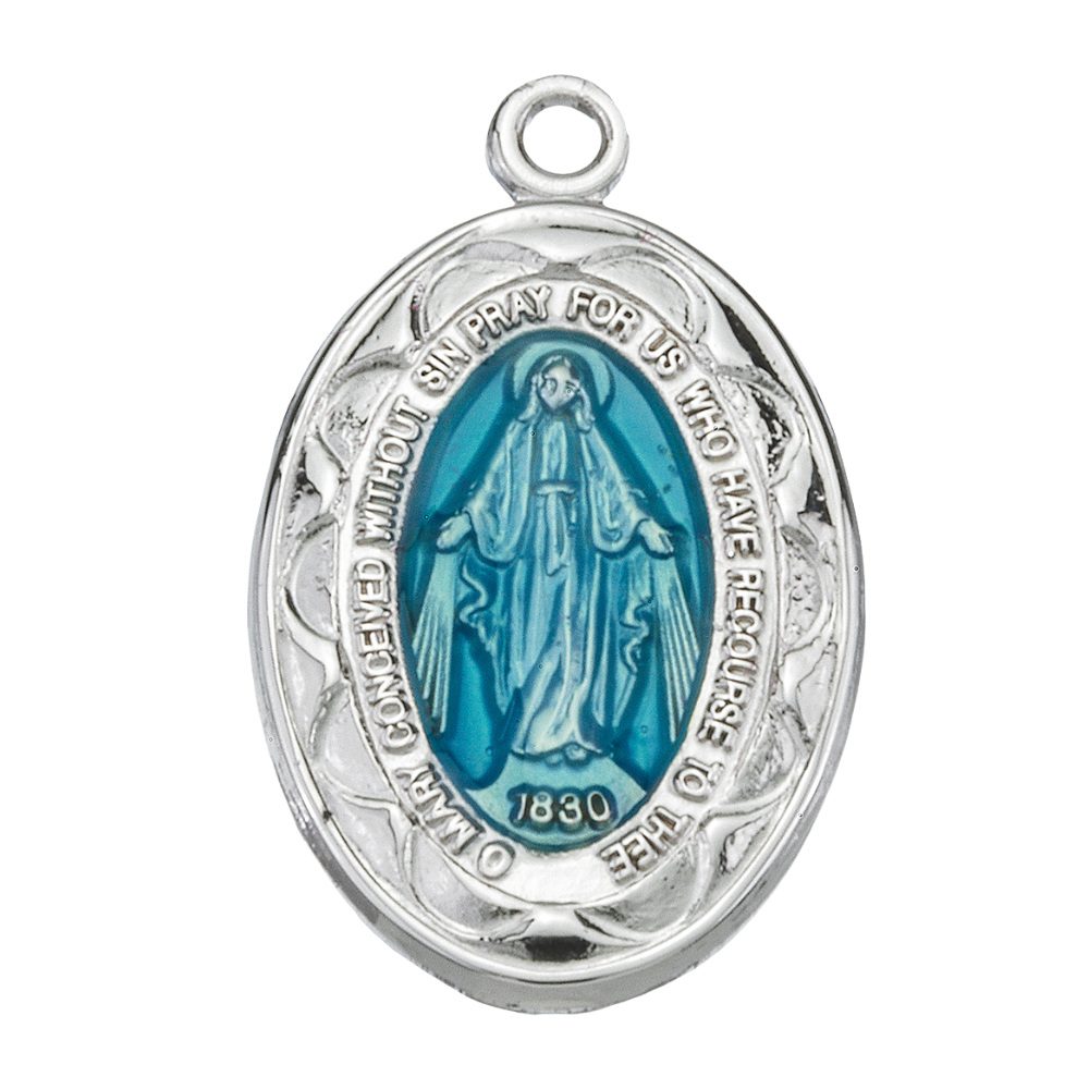 Miraculous Medal Sterling Silver Blue Oval Pendant — 18" Chain, Gift Box