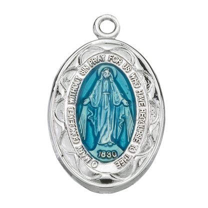 Miraculous Medal Sterling Silver Blue Oval Pendant — 18" Chain, Gift Box