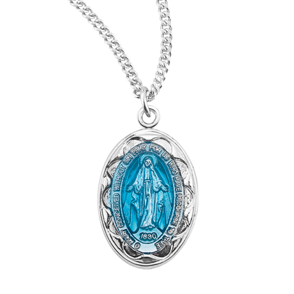 Sterling Silver Oval Blue Enameled Miraculous Medal, Catholic Gift, Made in USA