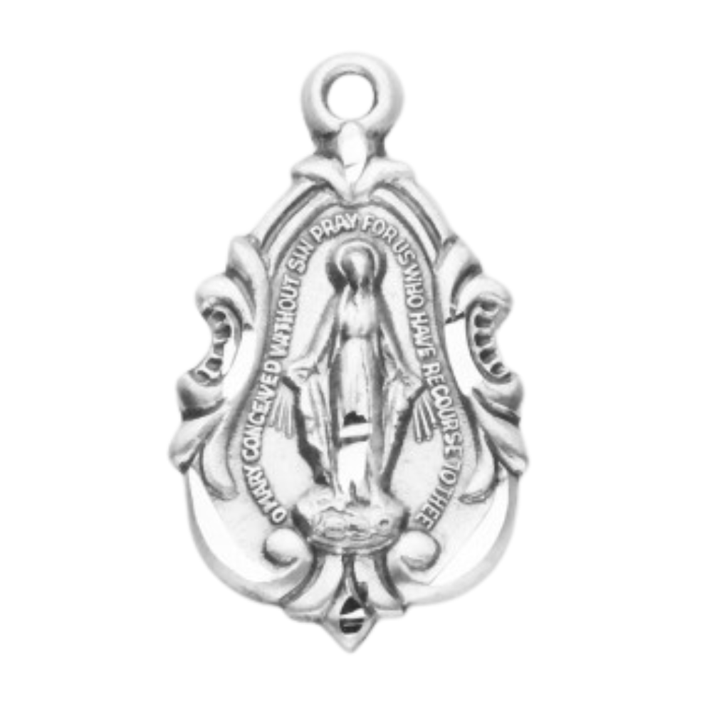 Miraculous Medal Sterling Silver Baroque Pendant — 18" Chain, Gift Box Included