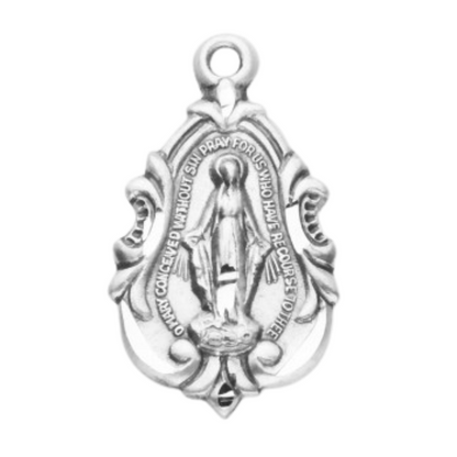 Miraculous Medal Sterling Silver Baroque Pendant — 18" Chain, Gift Box Included