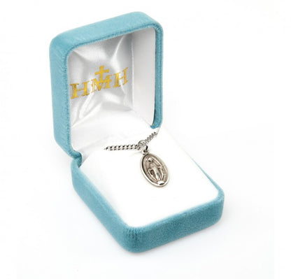 Miraculous Medal Sterling Silver CZ Oval Pendant — 18" Chain, Gift Box Included
