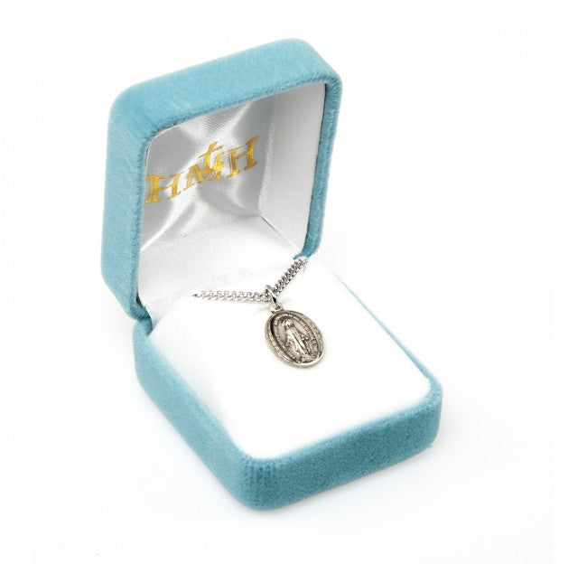Miraculous Medal Sterling Silver Oval CZ Pendant — 24" Chain, Gift Box Included