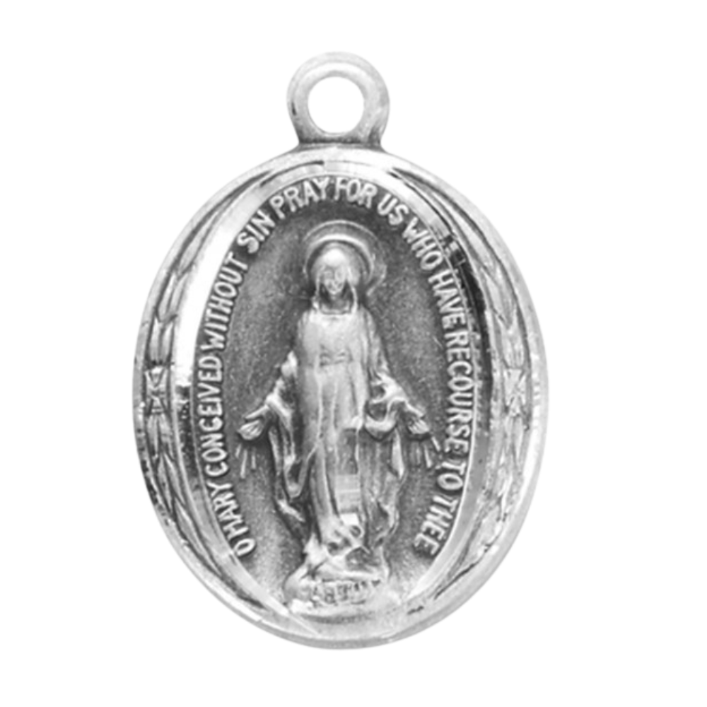 Miraculous Medal Sterling Silver Oval CZ Pendant — 24" Chain, Gift Box Included