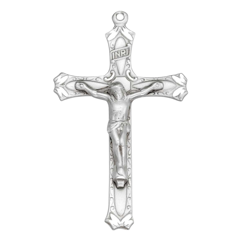High Relief Crucifix Sterling Silver Pendant — 24" Chain, Made in USA, Gift Box