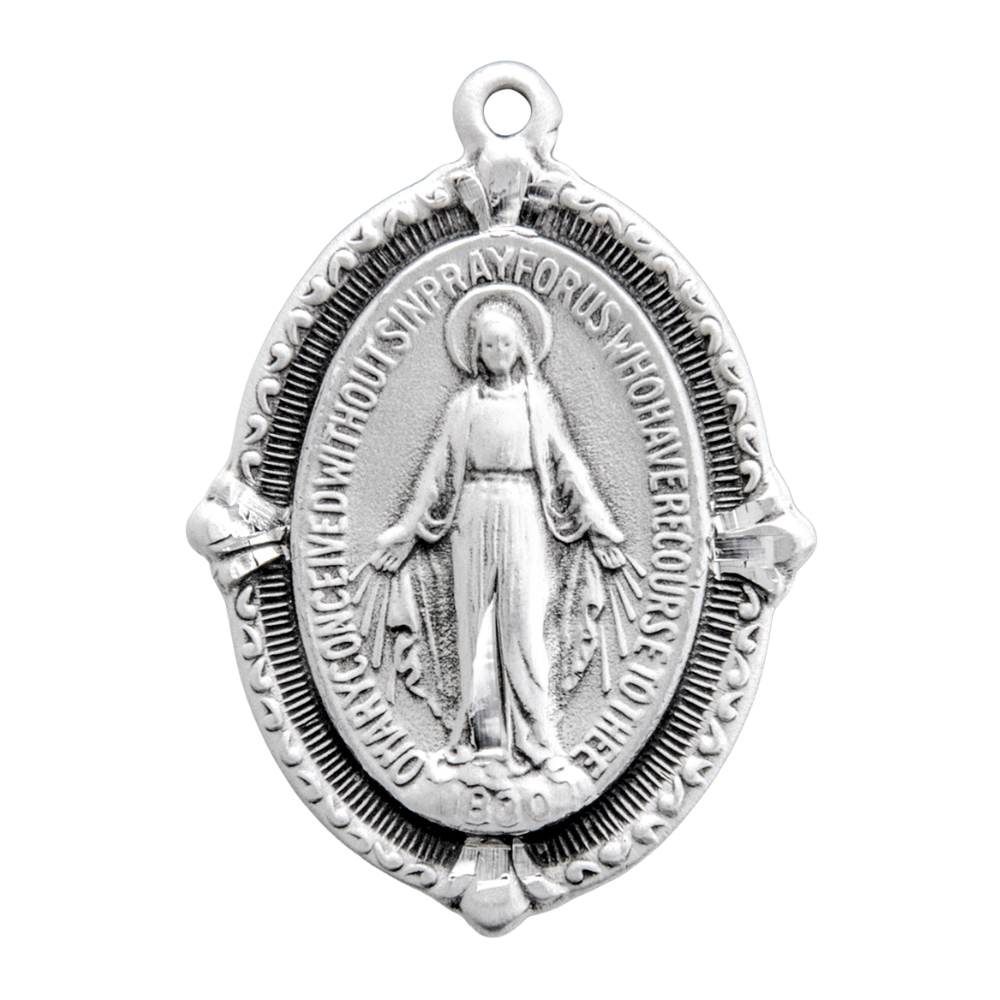 Miraculous Medal Sterling Silver Oval Pendant — 24" Chain, Made in USA, Gift Box