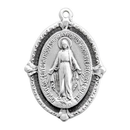 Miraculous Medal Sterling Silver Oval Pendant — 24" Chain, Made in USA, Gift Box