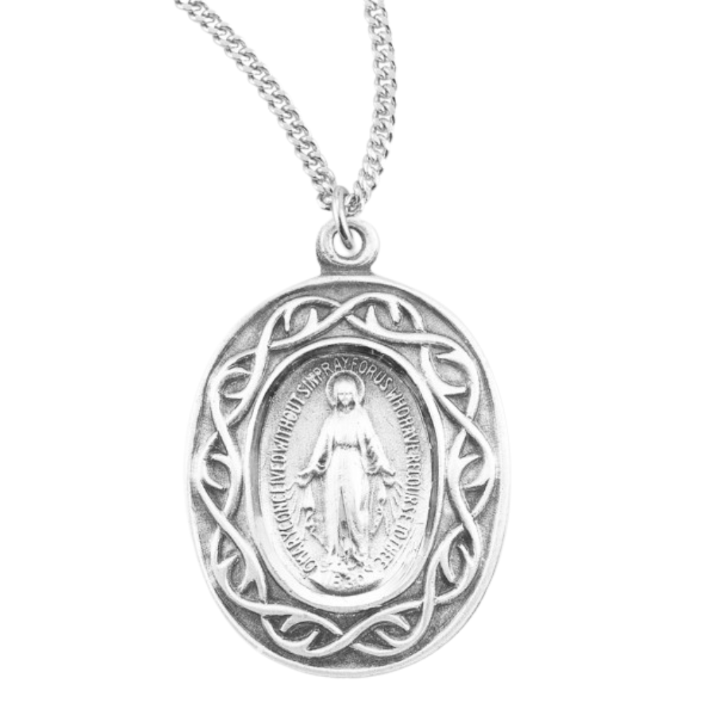 Miraculous Medal Oval Sterling Silver "Crown of Thorns" Medal, Catholic Gift, Made in USA