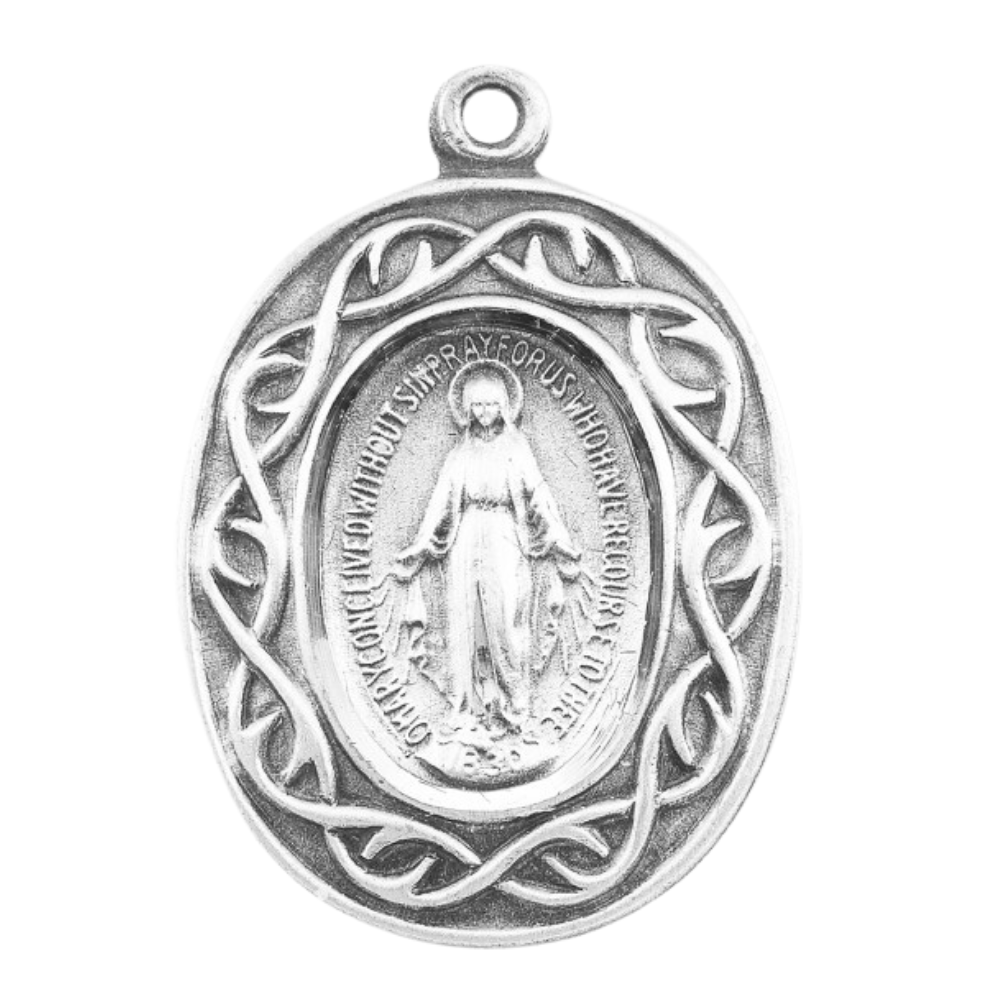 Miraculous Medal Sterling Silver Crown of Thorns Pendant — 18" Chain, Gift Box