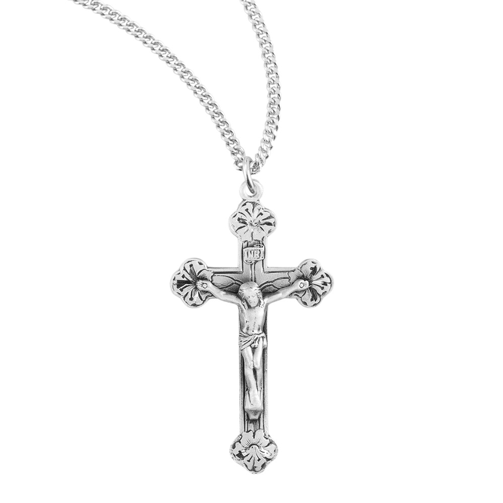 Sterling Silver Crucifix with Budded Flower Tips, Catholic Gift, Made in USA