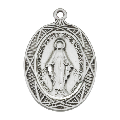 Miraculous Medal Sterling Silver Oval Pendant — 18" Chain, Gift Box Included