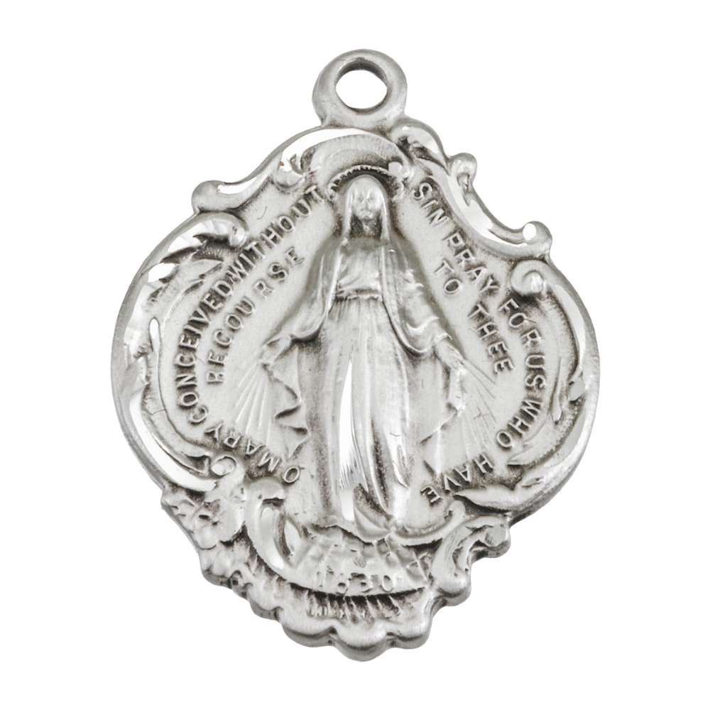 Miraculous Medal Sterling Silver Baroque Pendant Necklace — 24" Chain, Gift Box