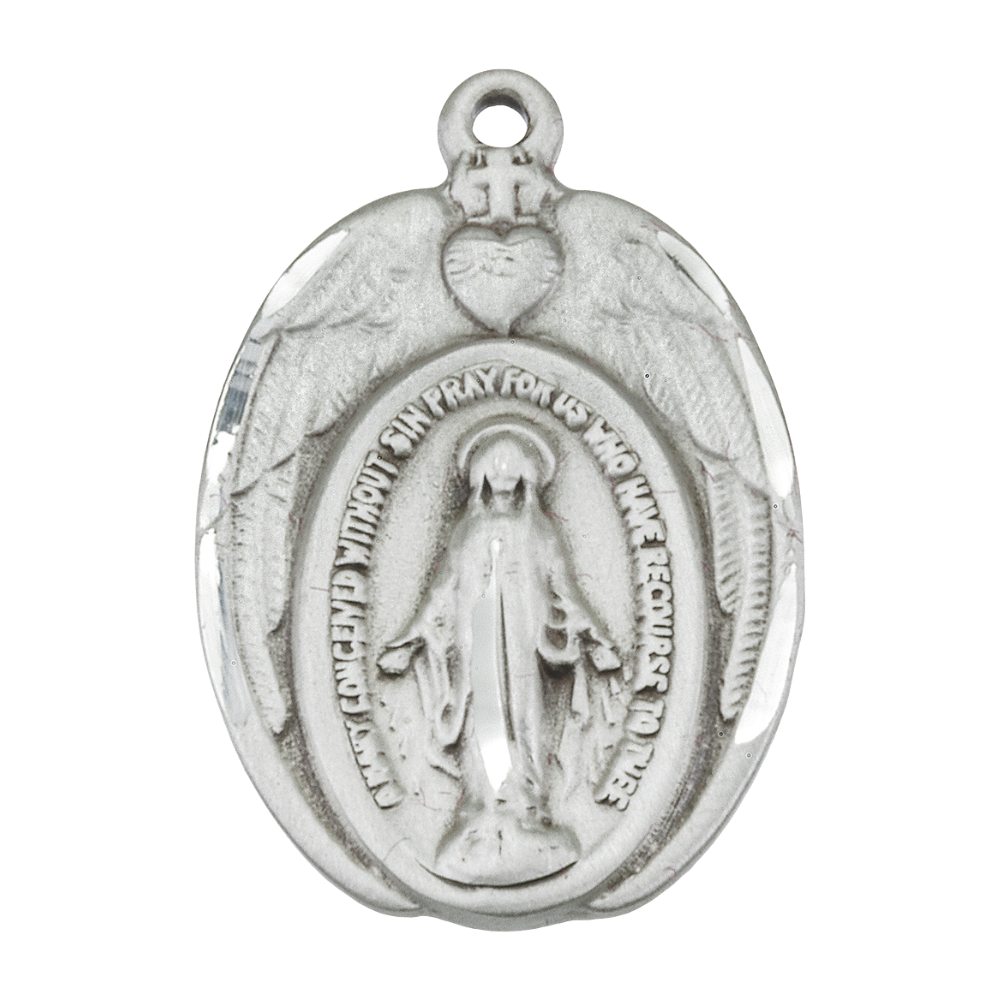 Miraculous Medal Sterling Silver Pendant Necklace - 18 Inch Chain, Made in USA