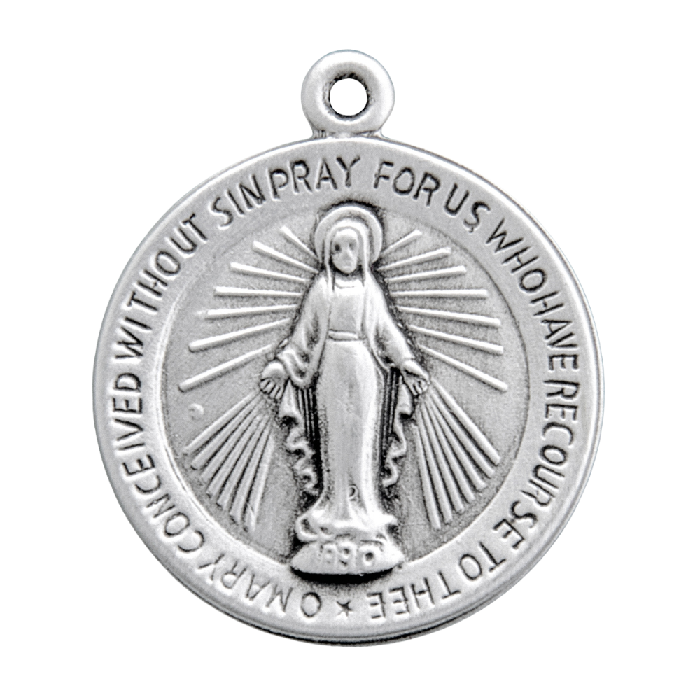Miraculous Medal Sterling Silver Round Pendant — 18" Chain, Gift Box Included
