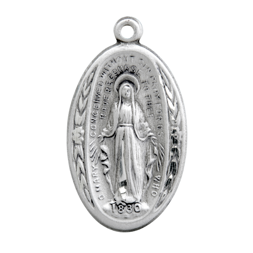 Miraculous Medal Sterling Silver Oval Pendant — 18" Chain, Gift Box Included