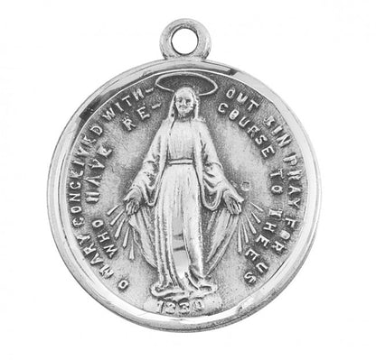 Miraculous Medal Sterling Silver Pink CZ Pendant — 18" Chain, Made in USA, Gift Box