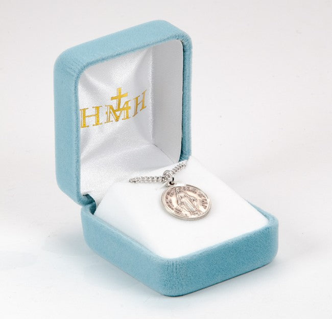 Miraculous Medal Sterling Silver Pink CZ Pendant — 18" Chain, Made in USA, Gift Box