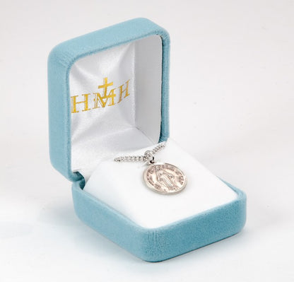 Miraculous Medal Sterling Silver Pink CZ Pendant — 18" Chain, Made in USA, Gift Box