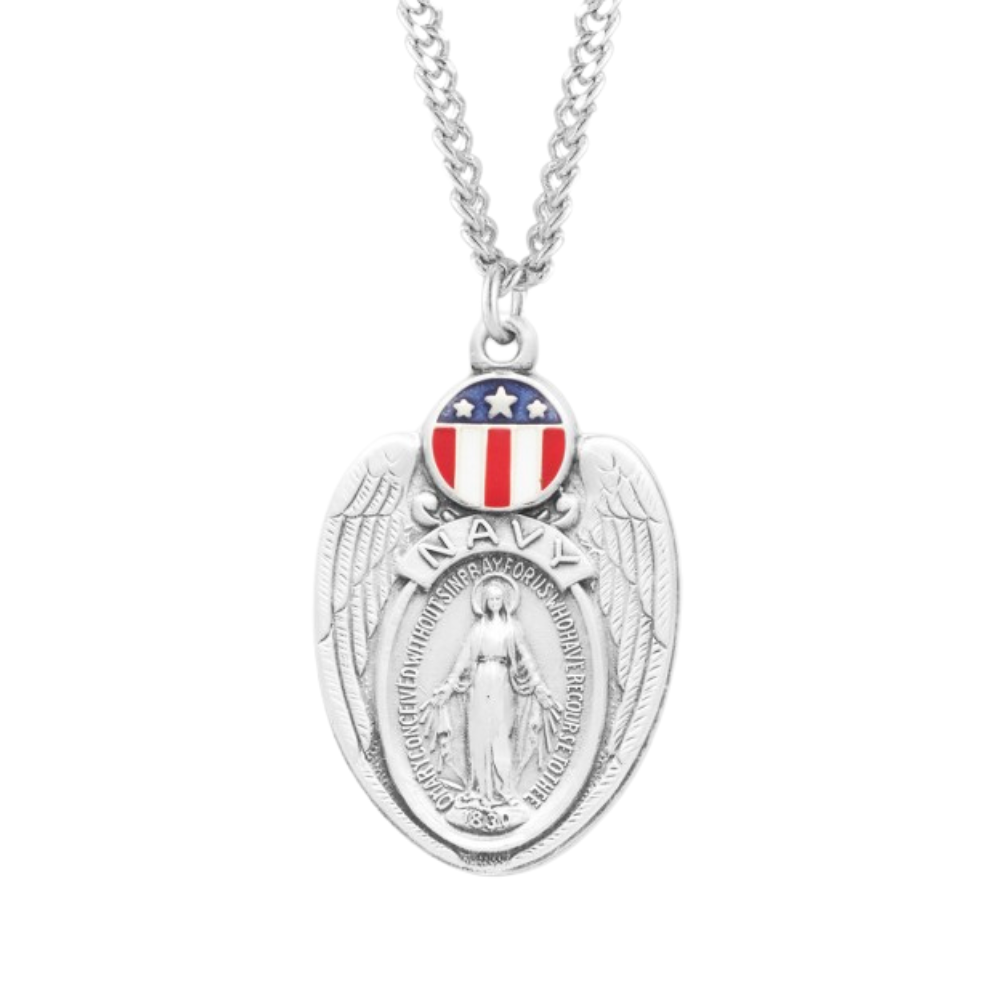 Navy Sterling Silver Enameled Miraculous Medal, Catholic Gift, Made in USA