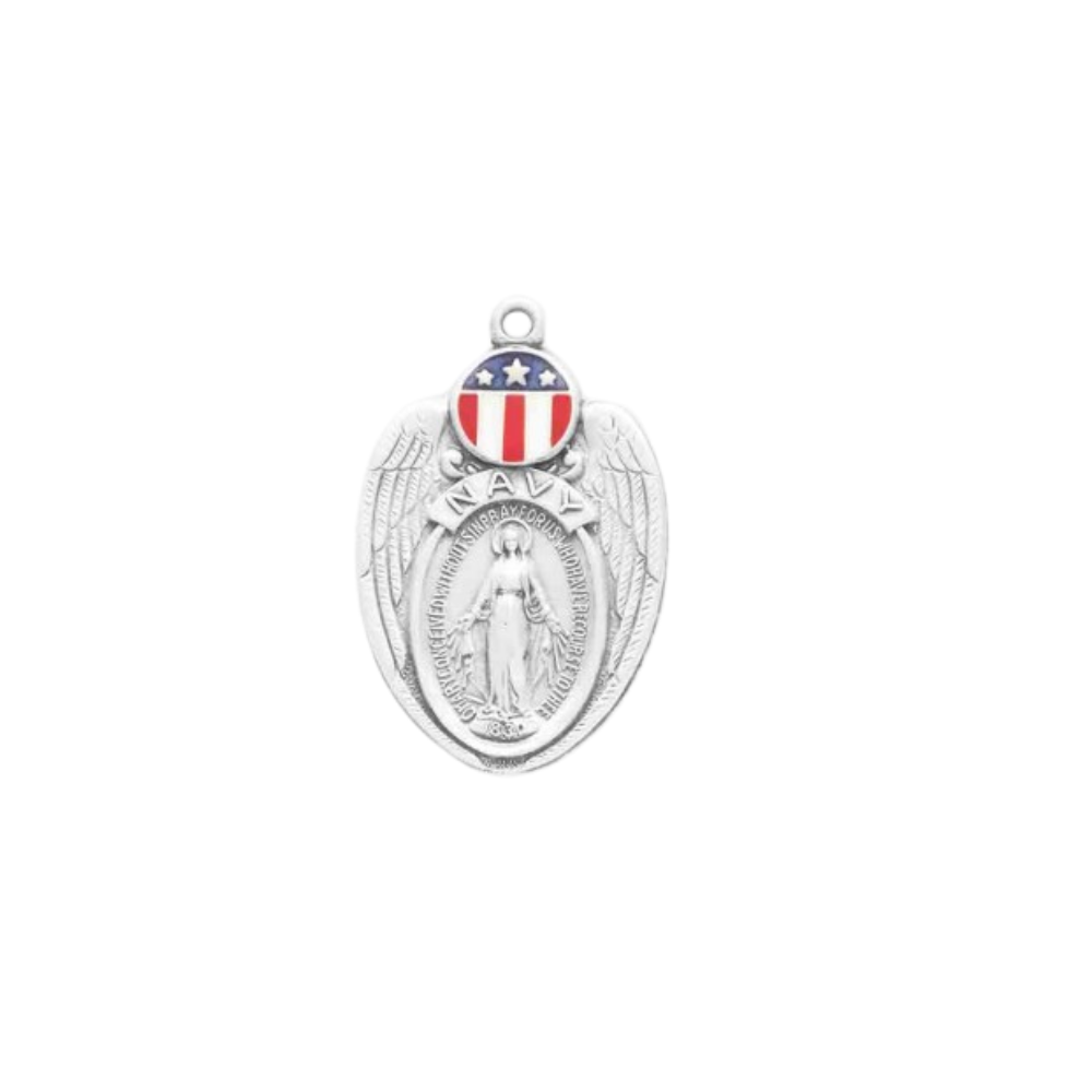 Miraculous Medal Navy Enameled Sterling Silver Pendant — 24" Chain, Gift Box