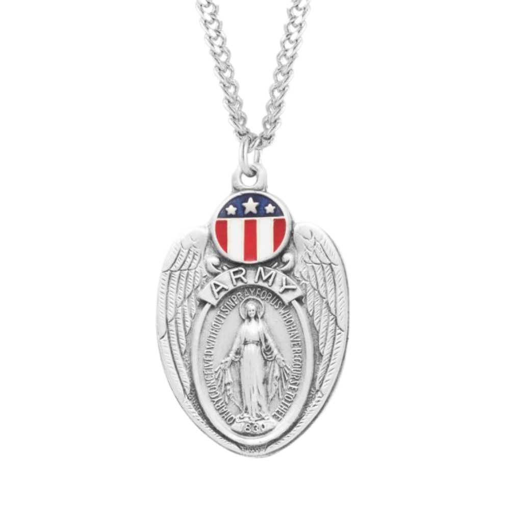 Army Sterling Silver Enameled Miraculous Medal, Catholic Gift, Made in USA
