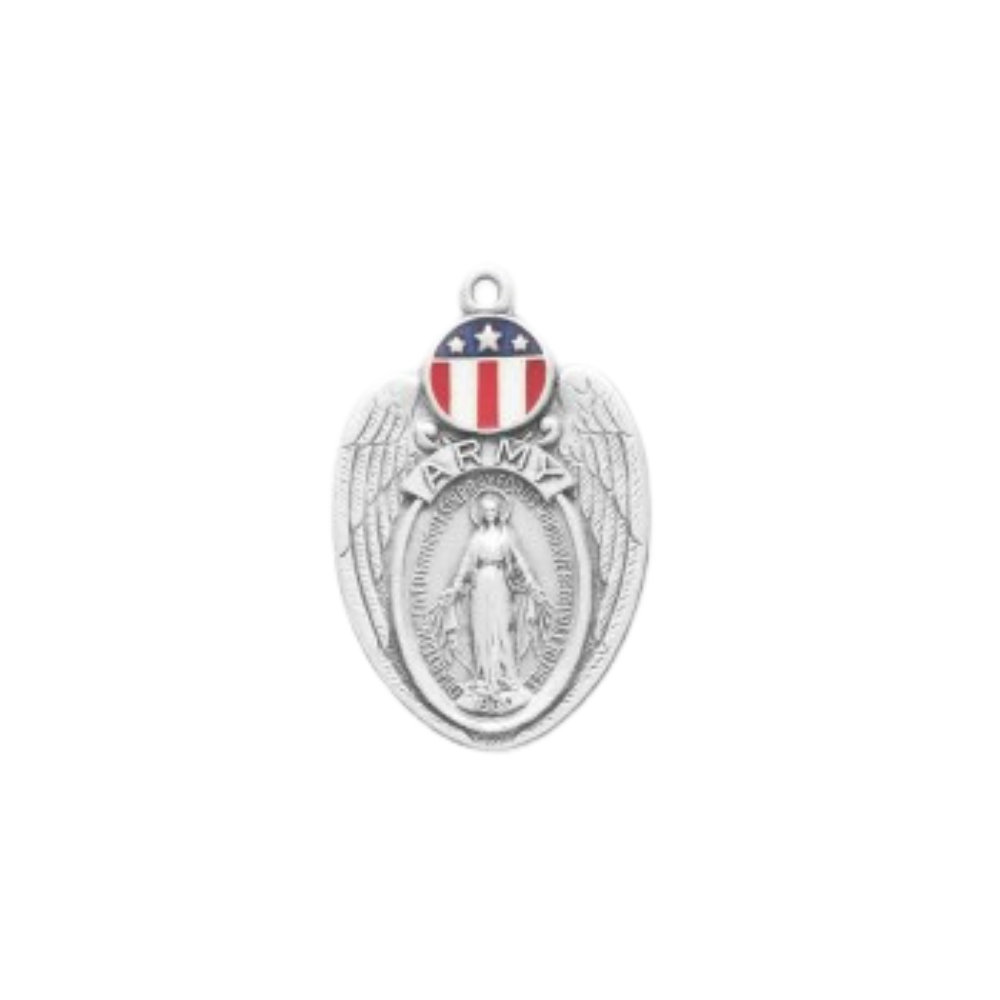 Miraculous Medal Army Enameled Sterling Silver Necklace — 24" Chain, Gift Box