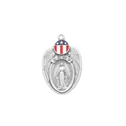 Miraculous Medal Army Enameled Sterling Silver Necklace — 24" Chain, Gift Box