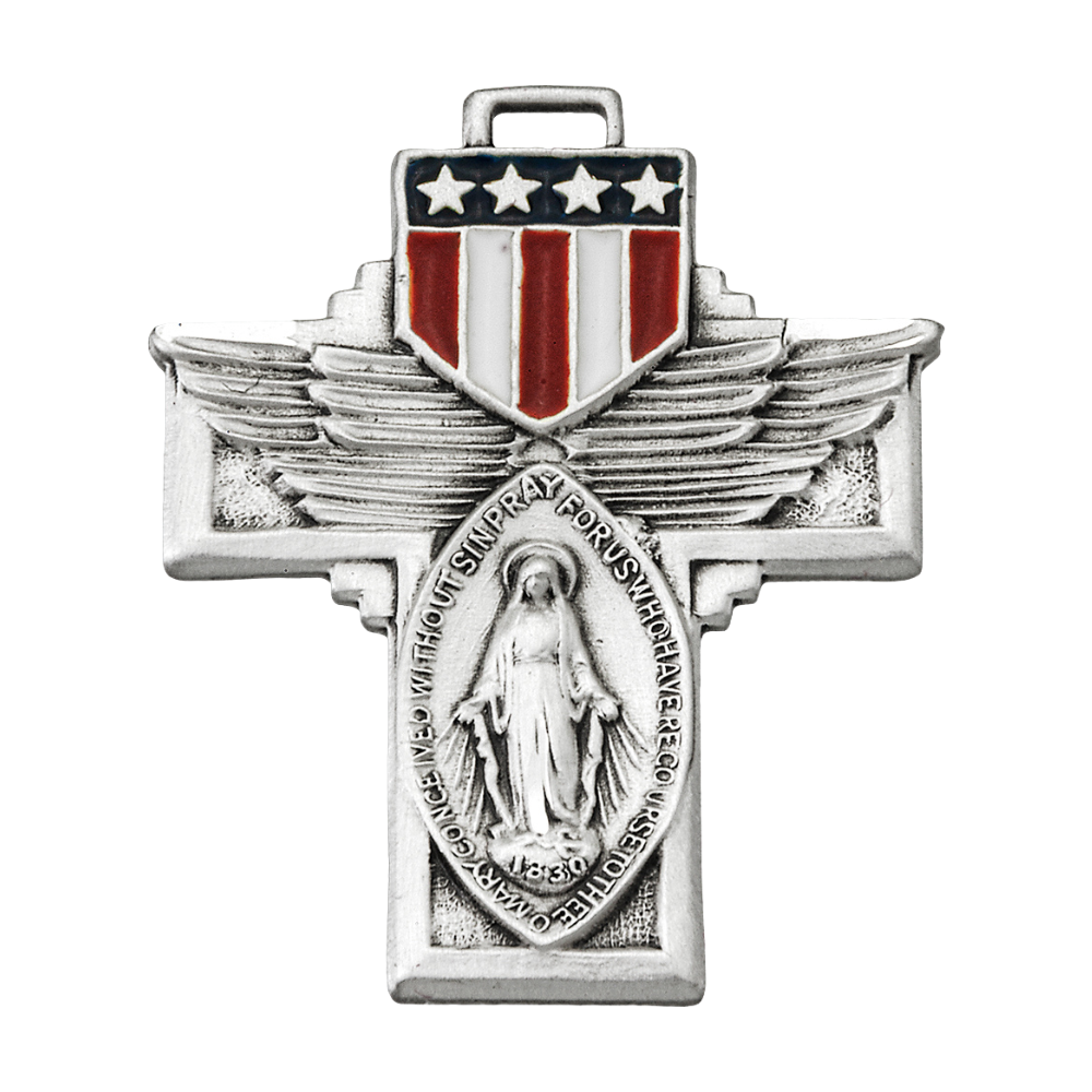 Military Miraculous Medal Sterling Silver Cross Necklace — 24" Chain, Gift Box