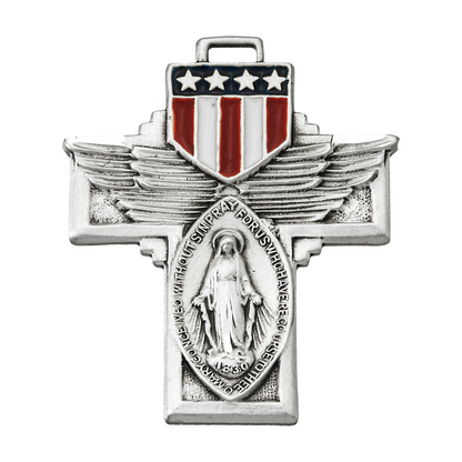 Military Miraculous Medal Sterling Silver Cross Necklace — 24" Chain, Gift Box