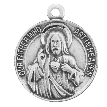 Hail Mary Our Father Sterling Silver Round Medal Necklace — 18" Chain, Gift Box