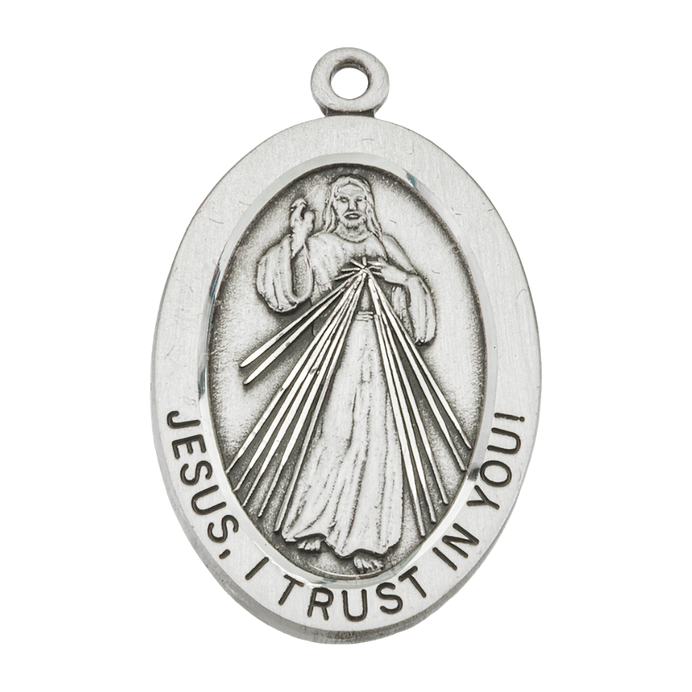 Divine Mercy Sterling Silver Oval Medal Necklace — 18" Chain, Made in USA, Gift Box