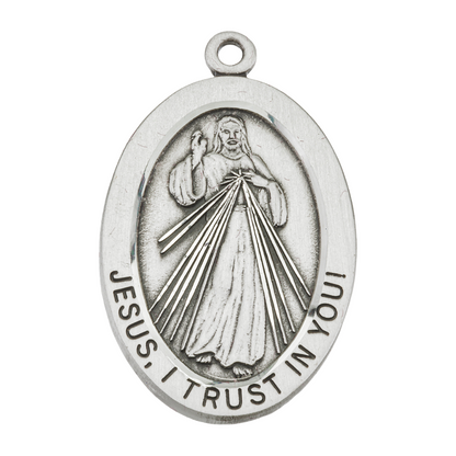 Divine Mercy Sterling Silver Oval Medal Necklace — 18" Chain, Made in USA, Gift Box