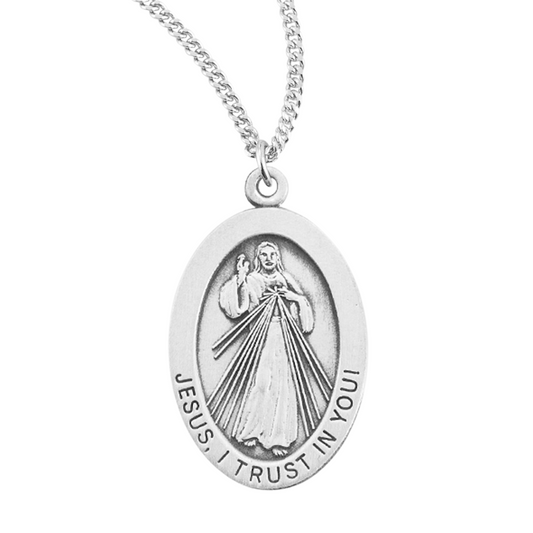 Divine Mercy Oval Sterling Silver Medal, Catholic Gift, Made in USA
