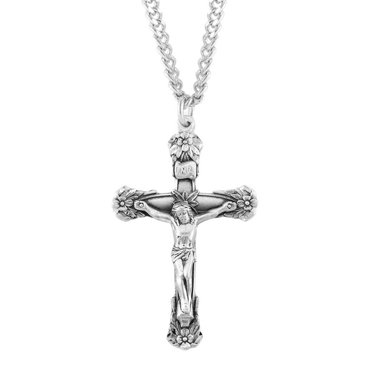 Floral Designed Sterling Silver Crucifix, Catholic Gift, Made in USA