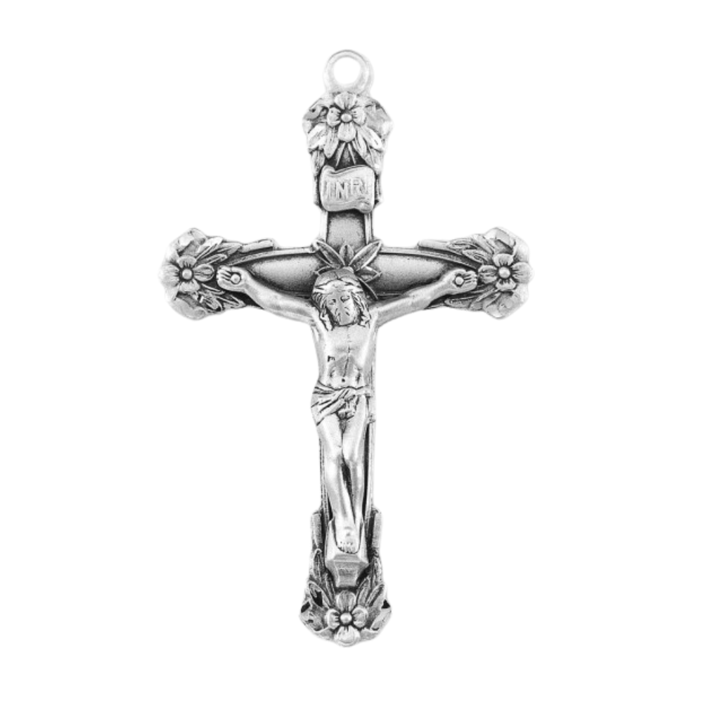 Floral Designed Sterling Silver Crucifix Pendant — 24" Chain, Gift Box Included