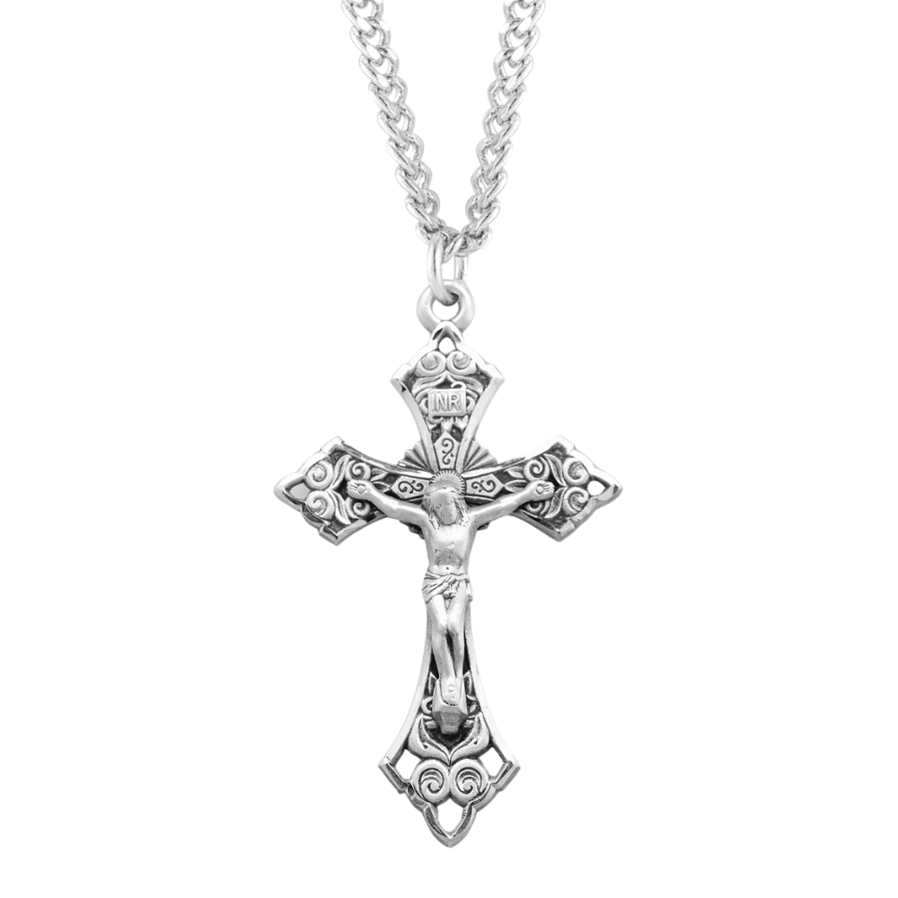 Swirl detailed Sterling Silver Crucifix, Catholic Gift, Made in USA