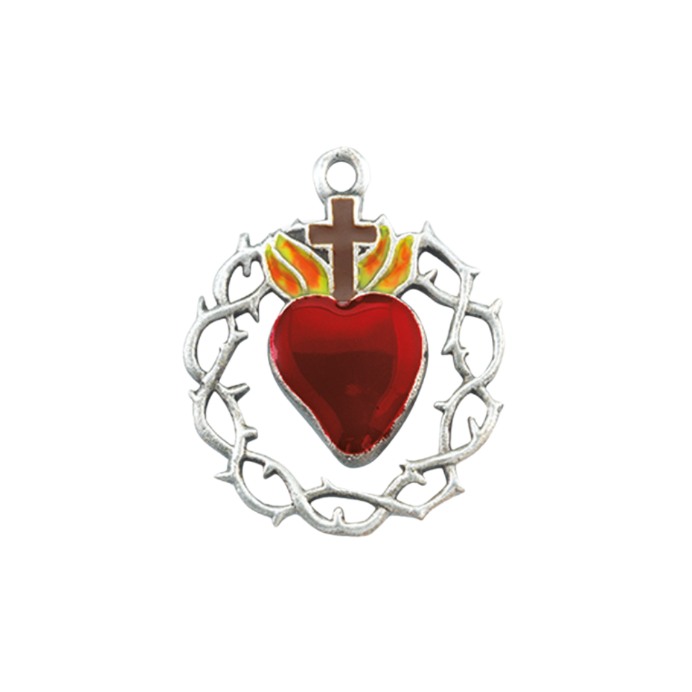 Crown of Thorns Sterling Silver Red Heart Medal — 20" Chain, Made in USA, Gift Box