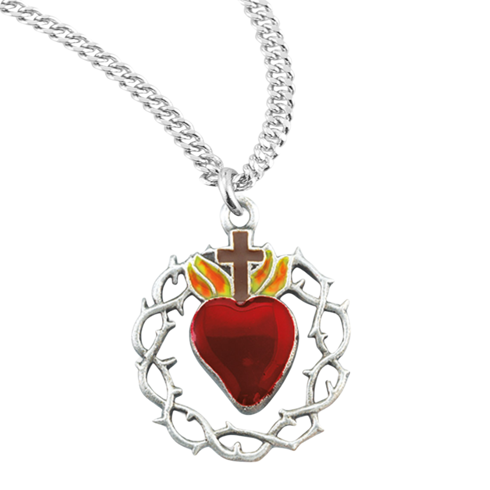Sterling Silver Red Enameled Heart "Crown of Thorns" Medal, Catholic Gift, Made in USA