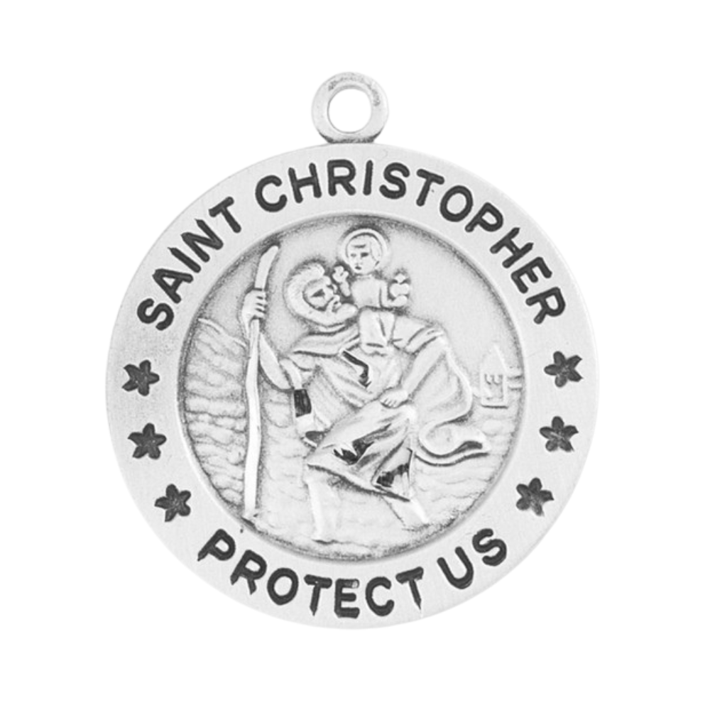 Saint Christopher Sterling Silver Round Medal Necklace — 24" Chain, USA Made