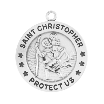 Saint Christopher Sterling Silver Round Medal Necklace — 24" Chain, USA Made